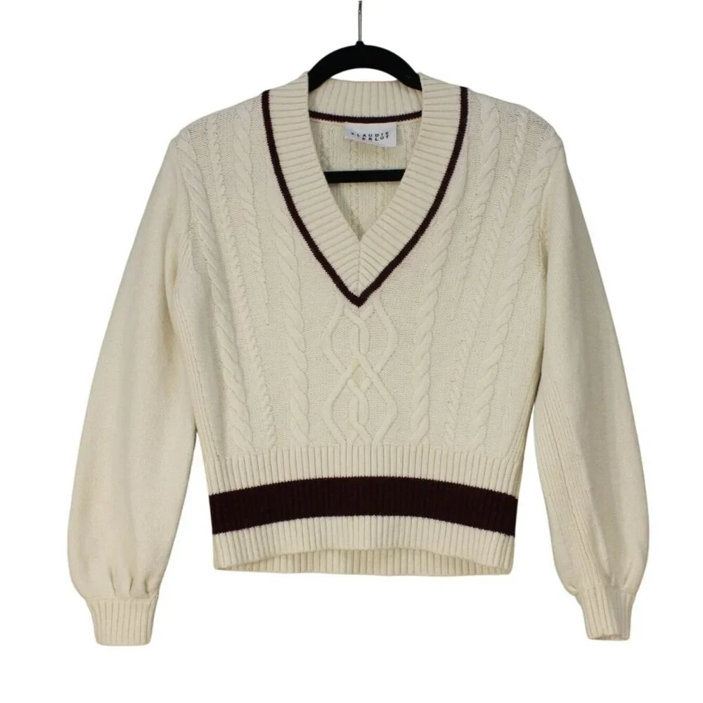 Claudie‎ Pierlot women's cable knit v-neck cricketer preppy pullover sweater 1